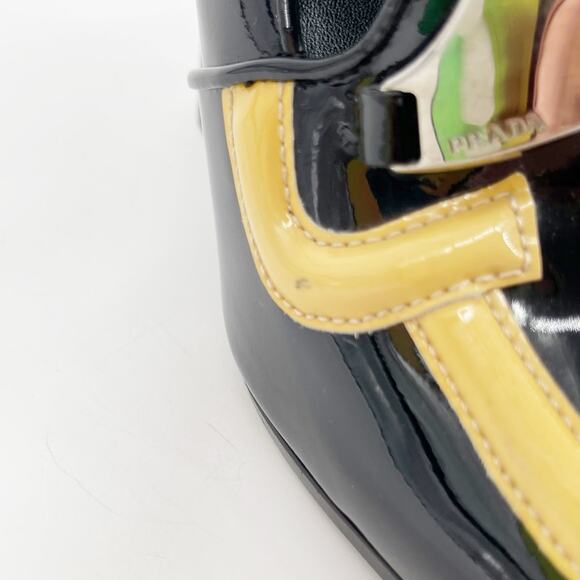 Prada Fall 2010 Runway Black Patent Yellow Trim Metal Logo Platform Heels 36.5 - Picture 7 of 12